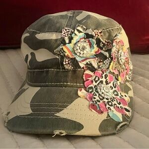 Camouflage Cap with Floral Embellishments